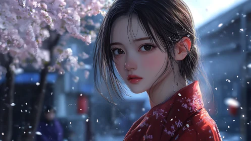 Girl in red kimono under soft falling cherry blossoms.