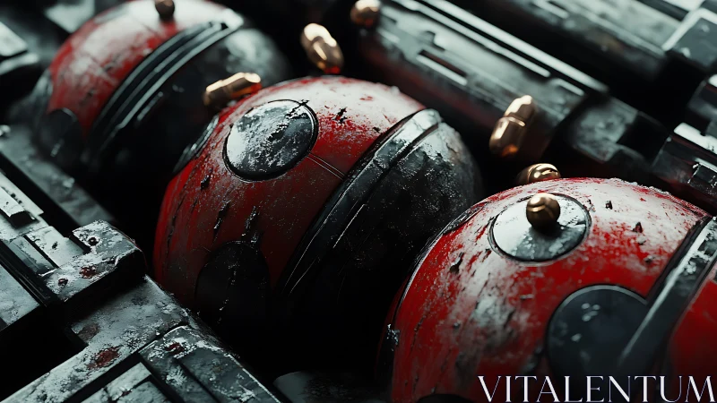 Weathered red mech spheres rest in industrial racks.