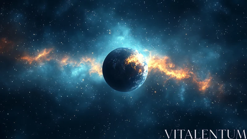 Planetary silhouette intersects incandescent galactic nebula