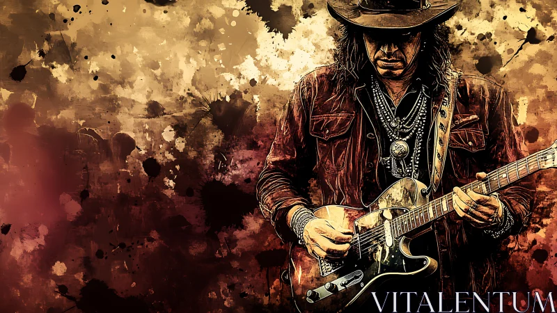 Textured digital portrait of guitarist on splattered sepia backdrop