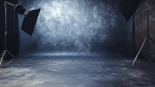 Industrial portrait studio with softbox lighting rigged symmetrically.