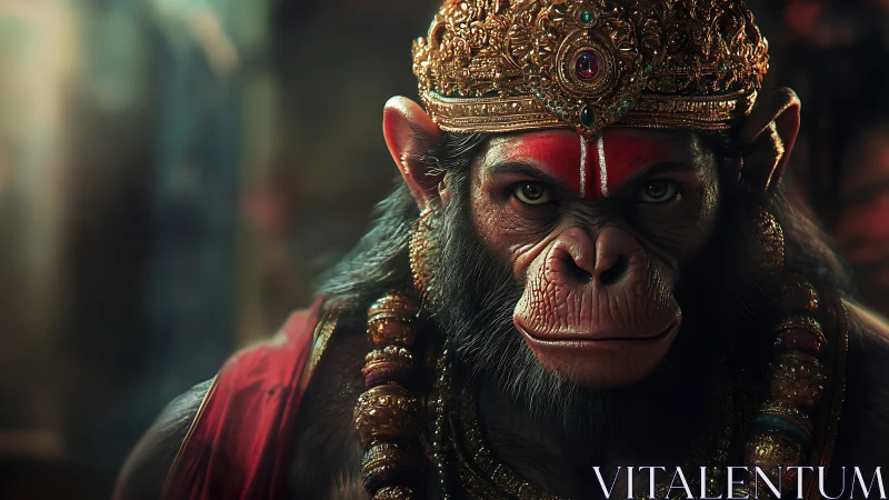 Simian warrior monarch rendered in high-fidelity photorealism.