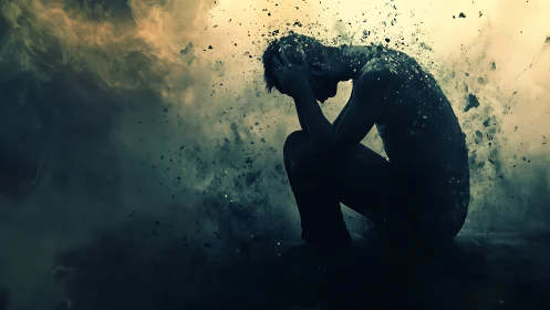 Shattered silhouette in quiet storm of emotion and light.