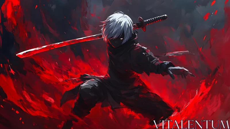 Shadowed sword wielder dancing within crimson flame.