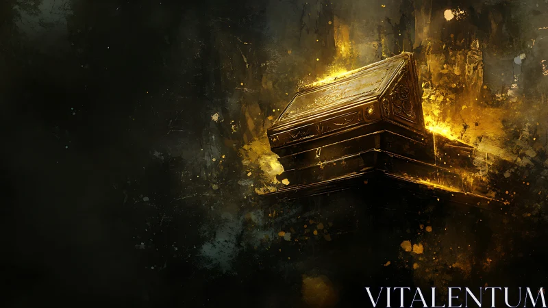 Gilded arcane reliquary floating in molten golden light.