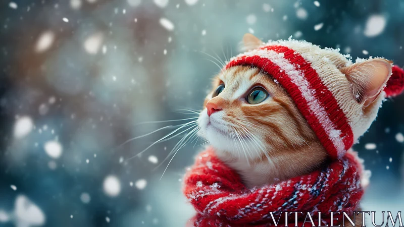 Cat in Red and White Winter Hat with Snowfall.