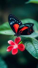Black and red butterfly perched on single red flower.