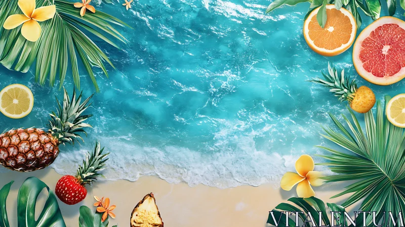 Tropical fruits and ocean waves invite a bright beach escape