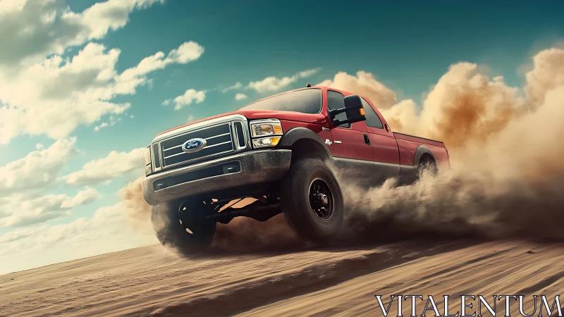 Red off-road pickup powers through desert dust storm.