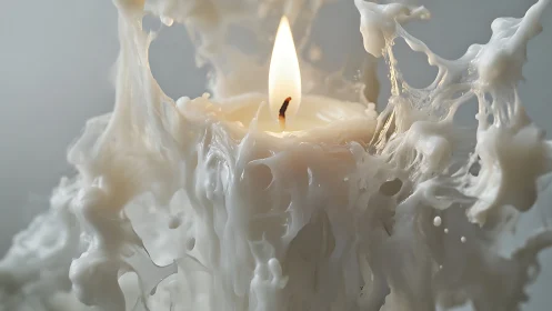 Molten white candle flame rises from chaotic wax splash