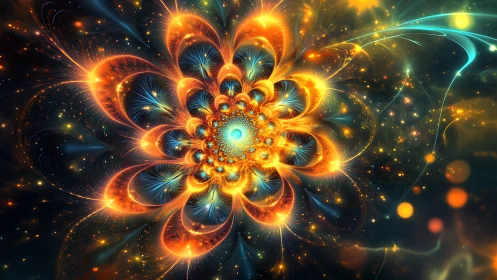 Fractal nebula blossom with radiant petals in digital painting.