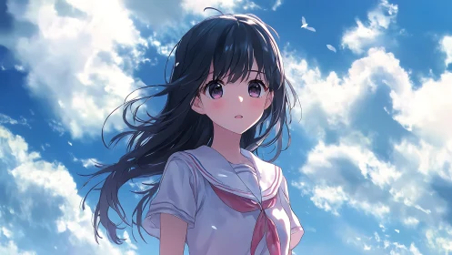 Soft summer sky welcomes a thoughtful anime schoolgirl gaze