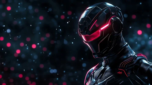 Neon-armored cybernetic soldier under bokeh nightfield.