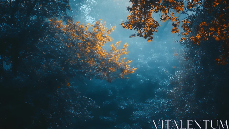 Bicolor forest canopy with volumetric fog and warm rim lighting.