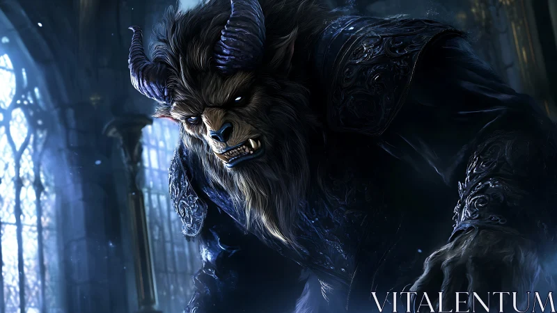 Horned beast warrior in gothic hall under cold backlight.