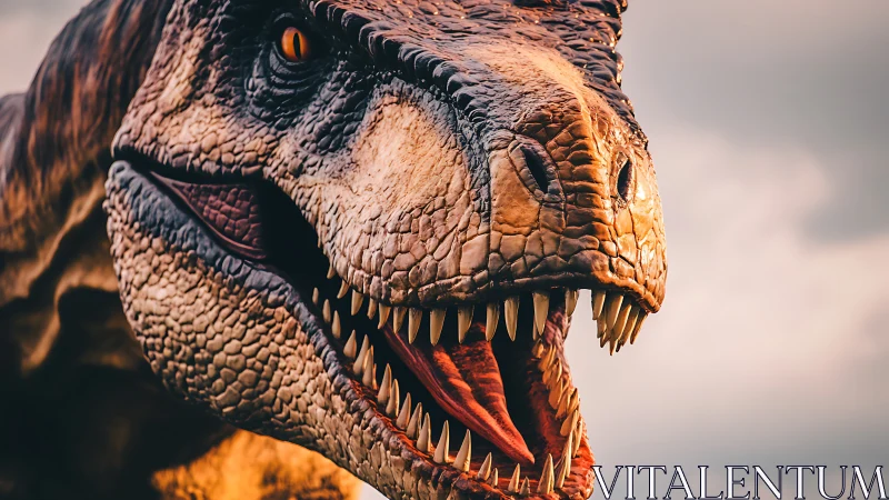 Roaring tyrannosaurus close‑up under dramatic sunset sky.