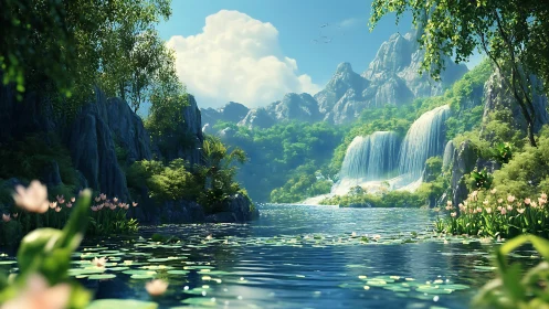Lush waterfall valley opens into a tranquil lily pond paradise.