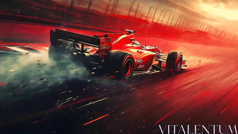 Red Formula race car drifts through blazing motion blur.