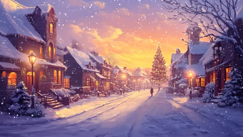 Snowy village street with glowing Christmas tree at dusk.