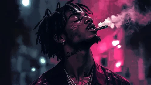 Neon-drenched smoker exhales quiet rebellion into city haze