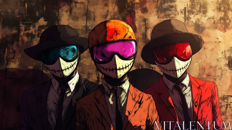 Striking masked trio in sharp suits share a bold, eerie smile