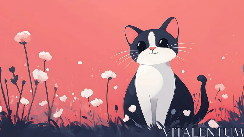 Black and White Cat in Blooming Flower Field Against Coral Sky.