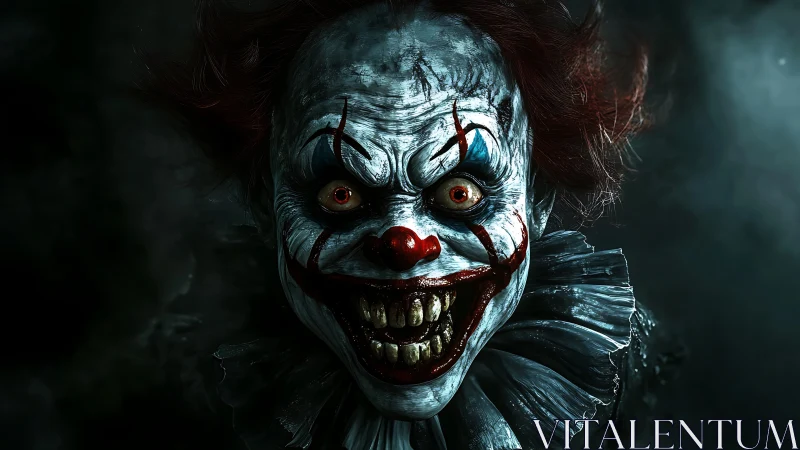Grinning nightmare clown leans from shadow with predatory delight