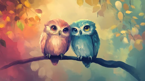 Two Cute Cartoon Owls on Branch in Vibrant Watercolor Style.