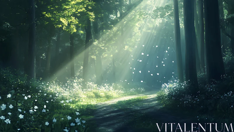 Sunlit Forest Path with White Flowers and God Rays.