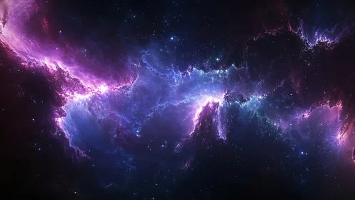 Violet and blue nebula clouds span a dense star field.