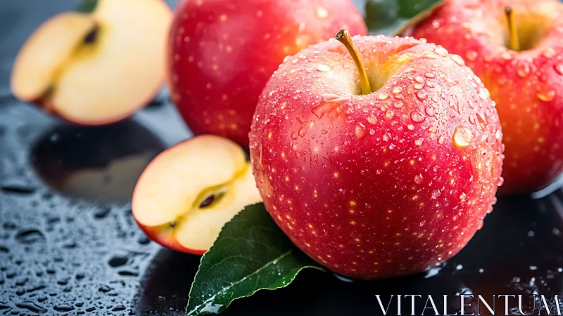 Water droplets cover whole and sliced red apples on dark surface