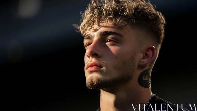 Young man in golden edge light with intense upward gaze.