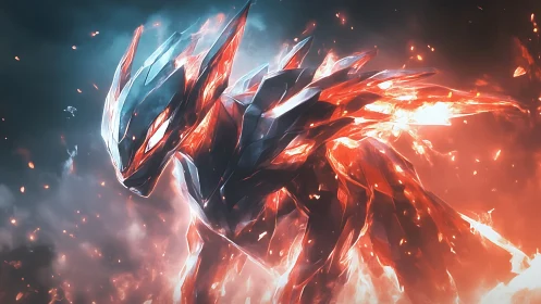 Fiery crystal creature emerging amid smoke and sparks.