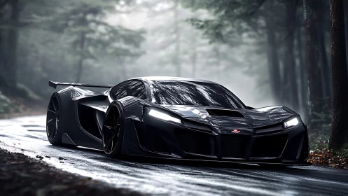 Black futuristic supercar on wet forest road in mist.