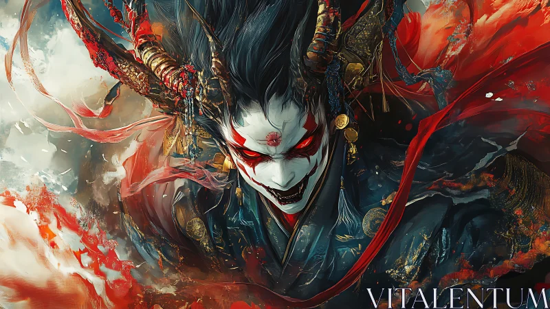Demonic samurai portrait uses dynamic brushwork and saturated contrast
