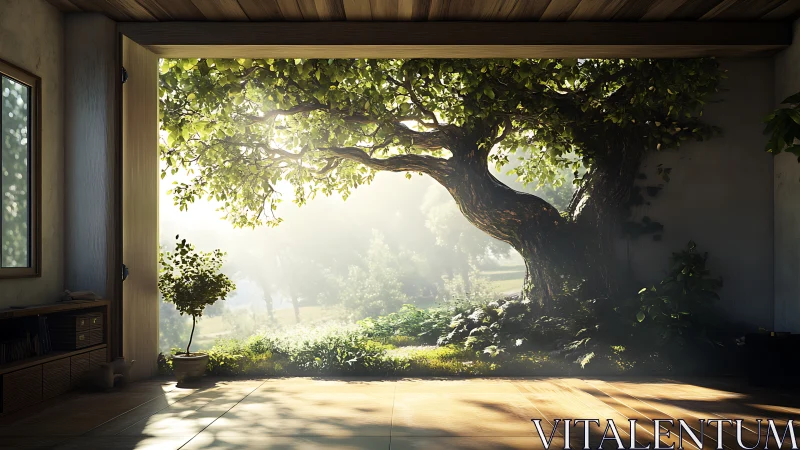 Sunlit tree doorway dissolving walls between home and wild.