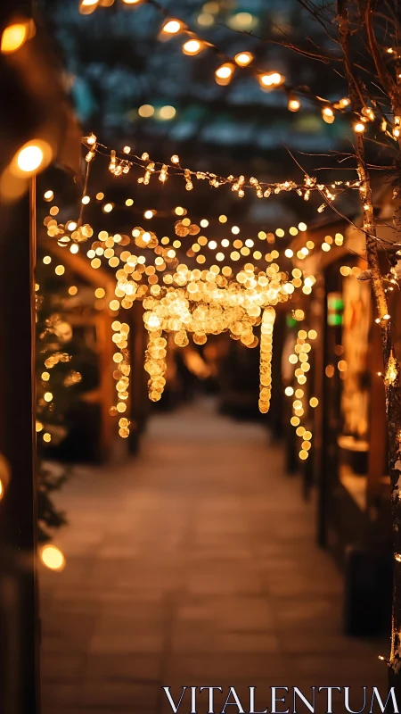 Warm fairy lights illuminate narrow evening alleyway
