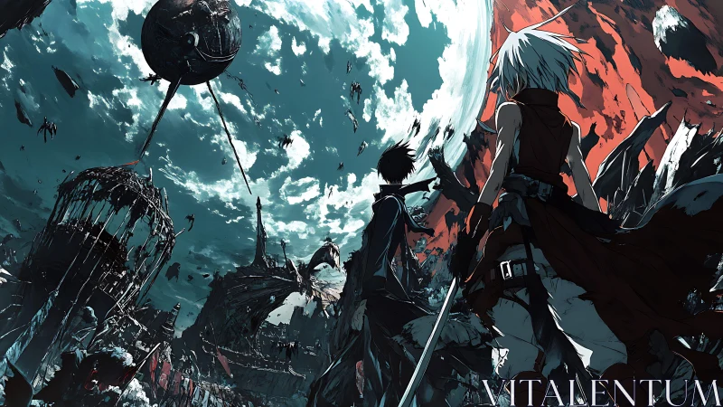 Heroes stand tall beneath a torn, otherworldly sky.