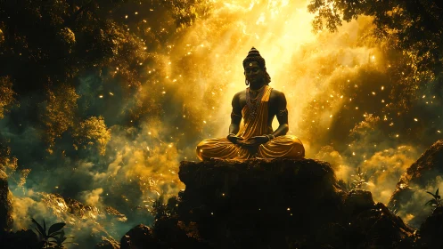 Luminous Buddha statue meditates amid celestial forest light.