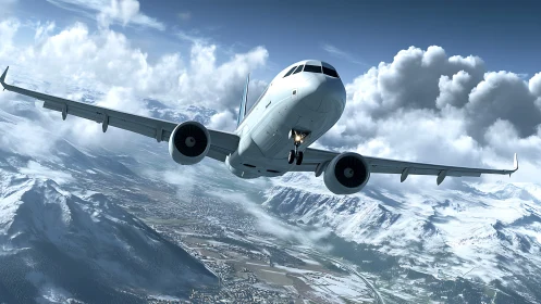 Passenger jet cuts through bright clouds over winter alps.