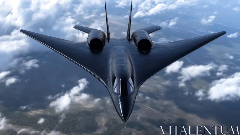 Stealth black futuristic jet cuts through high altitude clouds.