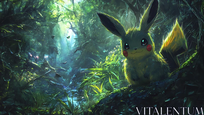 Pikachu sits on a mossy log in a dense sunlit forest
