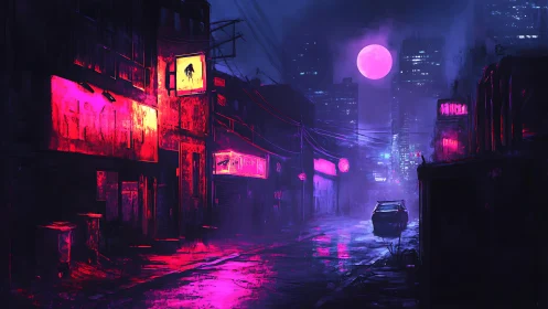 Neon-lit rainy alleyway renders high-contrast cyberpunk nocturne