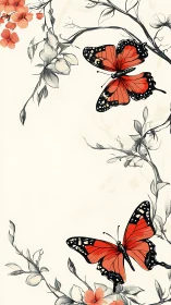 Orange butterflies move among monochrome floral branches