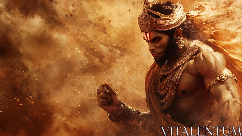 Storm-wreathed monkey warrior strides through molten dusk.