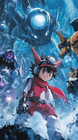 Young mech pilot strides into a glowing blue showdown.