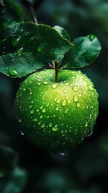 Dew-kissed green apple glows softly against dark foliage.