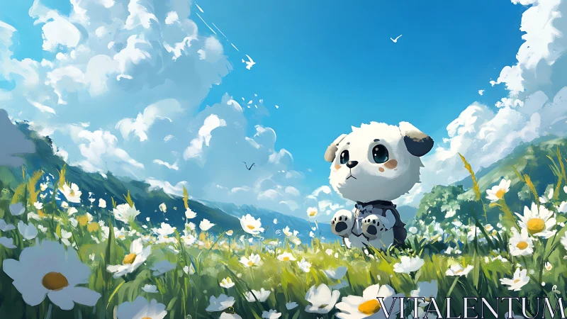 Puppy character in sunlit daisy meadow under vivid sky.