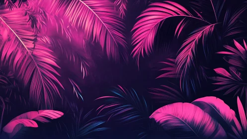 Neon pink tropical leaves glow against a deep violet night