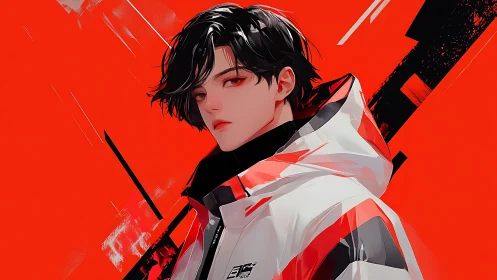 Stoic youth in white tech jacket against vivid red field